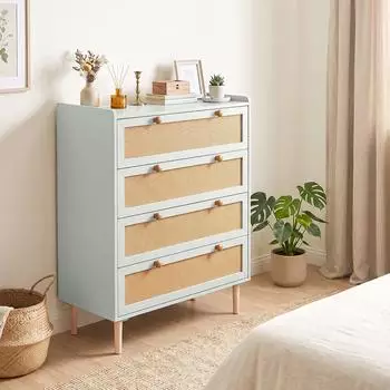 HomCom Kommode 4 Schubladen Rattan-Optik salbeigr&uuml;n, 80x40x109,2cm