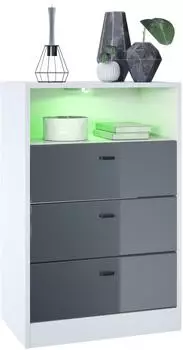 Vladon Pino V2 Kommode 3 Schubladen, offenes Fach mit RGB-Beleuchtung, weiß matt/grau hochglanz