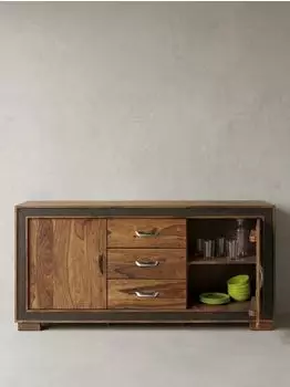 KADIMA DESIGN Sideboard Sheesham Massivholz mit Kunstleder, 3 Schubladen, 160x44x80cm (800001021601)