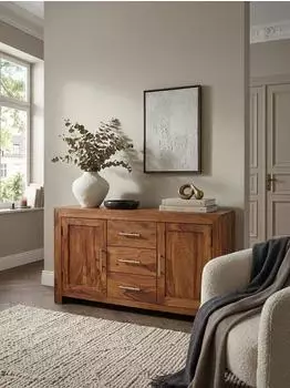 KADIMA DESIGN Sideboard Massivholz Sheesham, 118cm, 3 Schubladen, 2 T&uuml;ren, Landhausstil