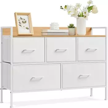 Songmics Kommode 5 Stoffschubladen Metallrahmen wei&szlig;-eiche beige (29x98,2x70cm)