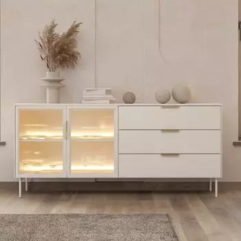 Selsey Lumi Sideboard 2 Glastüren, 3 Schubladen, LED, kaschmirgrau, 181cm
