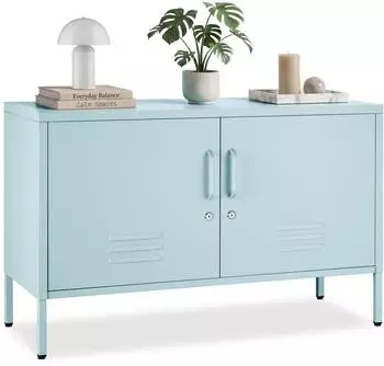 TecTake Sideboard Baker mit Magnetverschluss, Metall, grau/blau, 100cm (Baker)