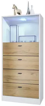 Vladon Pino V3 Kommode 4 Schubladen, offenes Fach mit Beleuchtung, wei&szlig; matt/Eiche Natur (56x125x36cm)