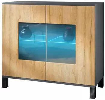 Vladon Gr&ouml;mitz V3 Kommode 2 Glast&uuml;ren RGB-Beleuchtung, anthrazit matt/Eiche Natur (92,5x84,5x35cm)