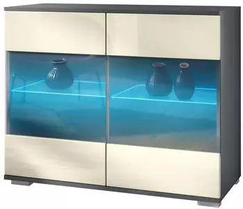 Vladon Bari V3 Kommode mit 2 Glast&uuml;ren & RGB-Beleuchtung, anthrazit matt / creme hochglanz (50028543)