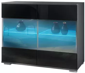 Vladon Bari V3 Sideboard mit 2 Glast&uuml;ren & RGB-Beleuchtung, anthrazit/schwarz hochglanz (92,5x75,5x35cm)