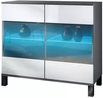 Vladon Bari V3 Sideboard mit 2 Glast&uuml;ren & RGB-Beleuchtung, anthrazit/wei&szlig; hochglanz (92,5x84,5x35cm)