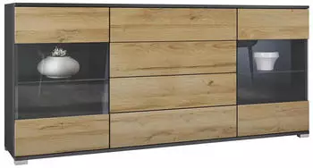 Vladon Sideboard Bari V2, 2 Türen, 4 Schubladen, anthrazit matt/Eiche Natur, 166,5x75,5x35cm
