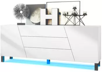 Vladon Houston Sideboard 2 T&uuml;ren, 3 Schubladen, LED-Beleuchtung, wei&szlig; matt/Hochglanz