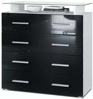 Vladon Pavos V2 Kommode 4 Schubladen, Glasablage, wei&szlig; matt/schwarz Hochglanz (800000581229)