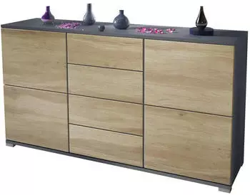 Vladon Rova V1 Sideboard 4 Türen & 4 Schubladen, anthrazit matt/Eiche Wotan, 138,5x75,5x35cm (800001025585)