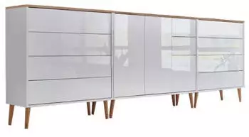 BMG Sideboard Mailand Set 8 weiß Hochglanz, Oberboden Artisan Eiche, 263,5x86x33cm