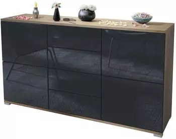 Vladon Sideboard Rova V1 Eiche Evoke/schwarz Hochglanz, 4 Türen, 4 Schubladen (800001027667)
