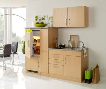 Held Möbel Singleküche BERLIN - Glaskeramik-Kochfeld und Kühlschrank - Breite 190 cm - Buche
