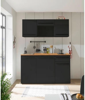 Basic By Balculina Pantryk&uuml;che JAZZ 160 cm mit E-Ger&auml;ten Schwarz matt/ eichefarben