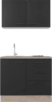 Flex-Well Küchenzeile Capri Miniküche schwarz/Endgrain Oak mit E-Geräten 100 cm (00012595)
