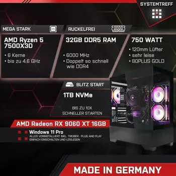 Systemtreff Gaming PC - Ryzen 5 7500X3D - Radeon RX 9060 XT 16GB - 32GB DDR5 - 1TB NVMe - Windows 11 Pro