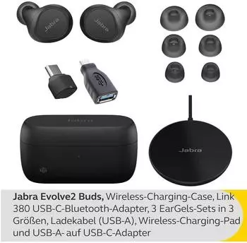 Jabra Evolve2 Buds UC USB-C + Wireless Charging Pad – Jabra Evolve2 Buds mit 33 Stunden Gesamtlaufzeit