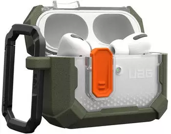 Urban Armor Gear Plasma Case f&uuml;r die Apple AirPods Pro 3 H&uuml;lle (2025) (Wireless-Charging kompatibel/Status LED sichtbar, Abnehmbarer Karabinerhaken) Olive/transparent