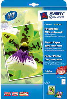 Avery Zweckform 2559-20 Premium Inkjet Fotopapier, A4, einseitig beschichtet, 250 g/m&sup2;, 20 Blatt