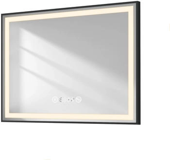 EMKE Badspiegel mit Beleuchtung 80x60cm Schwarzer Rand Spiegel mit Touch Antibeschlag Uhr Temperatur Dimmbar