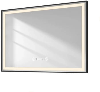 EMKE Badspiegel mit Beleuchtung 100x70cm Schwarzer Rand Spiegel mit Touch Antibeschlage Uhr Temperatur Dimmbar