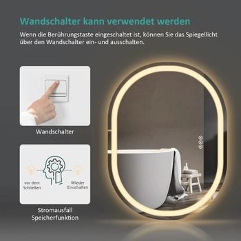 EMKE Oval Spiegel 70x50 cm Badspiegel mit Beschlagfrei Badezimmerspiegel 3 Dimmbare Lichtfarben