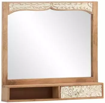Woodkings Delhi Badspiegel mit Ablage & Schubkasten, Mangoholz, 80x75cm (A2079)