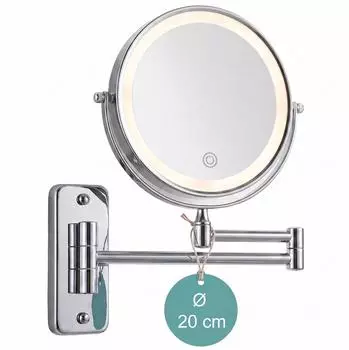 Relaxdays Kosmetikspiegel Wand, LED-Licht, &Oslash;20cm, silber