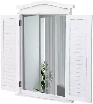 MCW Spiegelfenster mit Fensterl&auml;den Holz shabby wei&szlig; 71x46x5cm