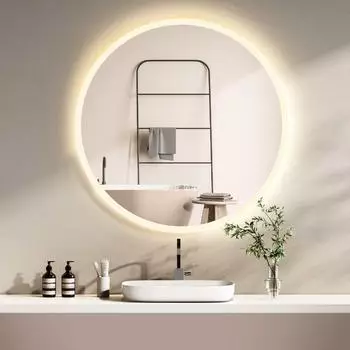 HOKO Badspiegel LED rund 60cm, Anti-Beschlag, 2700-6500K, Digital-Uhr, IP44