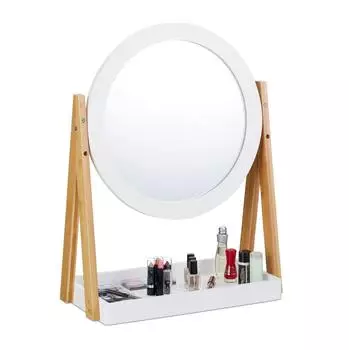 Relaxdays Kosmetikspiegel schwenkbar mit Ablage, Bambus & MDF, ∅32,5cm (10024977)
