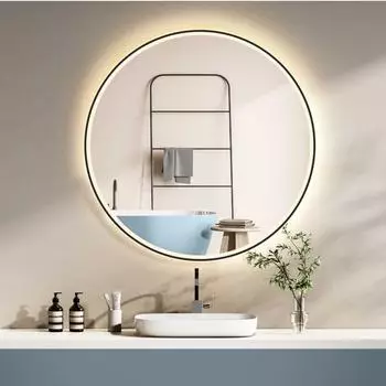 HOKO Badspiegel rund, beleuchtet, Anti-Beschlag, 60cm, Metallrahmen matt schwarz (IP44)