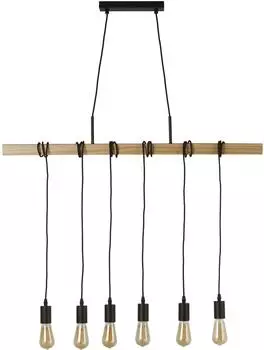 Searchlight Woody 6-flammige Balken-Pendelleuchte, Naturholz & schwarzes Metall (95041-6BR)