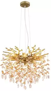 Globo Pendelleuchte Metall/Glas goldfarben matt, Kristalle amber (120cm)