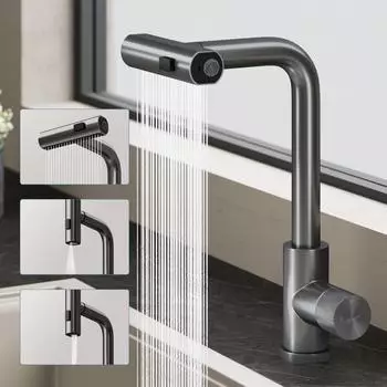 doporro Turnix-02 K&uuml;chenarmatur ausziehbar, Wasserfall, 3 Strahlarten, 360&deg;, grau (Turnix-02)