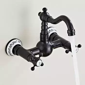 LuxusKollektion K&uuml;chenarmatur Wandmontage 2-Loch, Messing, schwenkbarer Auslauf, bronze-schwarz