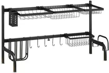 HomCom Abtropfgestell Geschirr, 2-stufiges Abtropfgitter Gestell, 51-93 cm Abtropfst&auml;nder mit Haken, Abtropfschale f&uuml;r K&uuml;chen Sp&uuml;le, Stahl, Schwarz