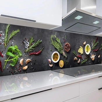 Rodnik Küchenrückwand Gewürze 60 x 300 cm, robuste ABS-Kunststoff Platte Monolith mit Direktdruck, grau, schwarz