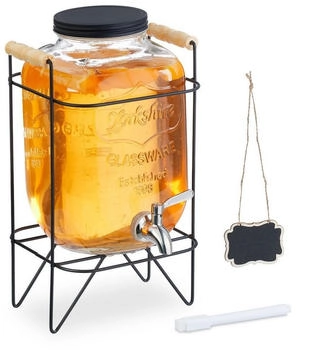 Relaxdays Getränkespender mit Ständer, Limobehälter 5L, Edelstahl Zapfhahn & Deckel, , Glas, transparent