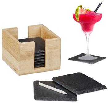 Relaxdays Untersetzer 10027303, quadratisch, Schiefer, 10 x 10 cm, mit Bambusbox, 8 Stück