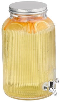 Relaxdays Getränkespender, Limobehälter geriffelt, 5 L, Zapfhahn & Deckel, Wasserspender, Glas & Eisen, transparent