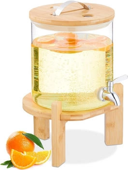 Relaxdays Getränkespender, 5 Liter, Kalt-& Heißgetränke, Bambus-Ständer, Thermometer, Bowle-Gefäß, transparent/Natur