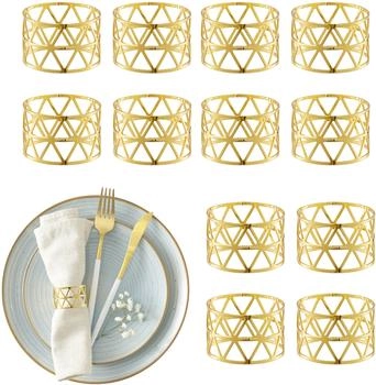Relaxdays Serviettenringe, 12er Set, geometrisch, HxD: 3x4,5 cm, Serviettenhalter, Papier- und Stoffservietten, gold - gold 10046837_259