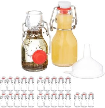 Relaxdays kleine Flaschen, 25er Set, 50 ml, Glasflaschen zum Befüllen, für Liköre & Öle, Bügelverschluss, transparent - mehrfarbig Glas 10048672_1395