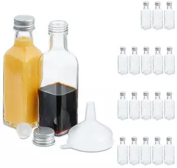 Relaxdays kleine Flaschen, 20er Set, 100 ml, Glasflaschen zum Befüllen, Schraubverschluss & Korken, transparent/silber