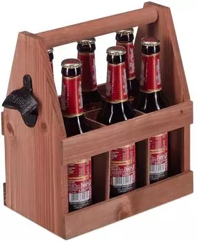 Relaxdays Biertr&auml;ger aus Holz mit Flaschen&ouml;ffner