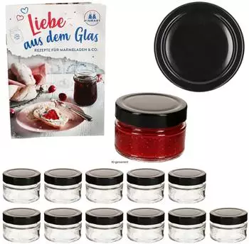 MamboCat Marmeladenglas 12er-Set 106ml, Hochrandglas, Deckel schwarz (TO70)