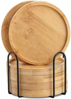LuxusKollektion Untersetzer rund aus Bambus, 6er-Set mit Halter, 11cm